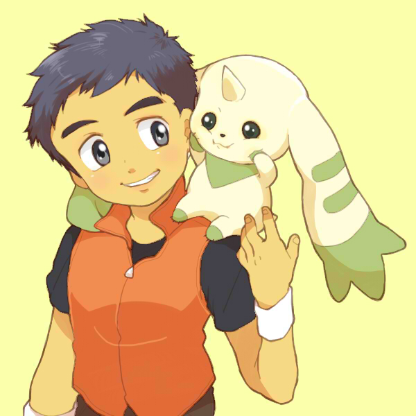 1boy, animal_on_shoulder, asuma64, black_eyes, black_hair, black_shirt, blush, digimon, digimon_(creature), digimon_tamers, fingernails, grin, horns, li_jianliang, orange_vest, shirt, single_horn, smile, solo, terriermon, vest, white_wristband, wristband, zipper_pull_tab