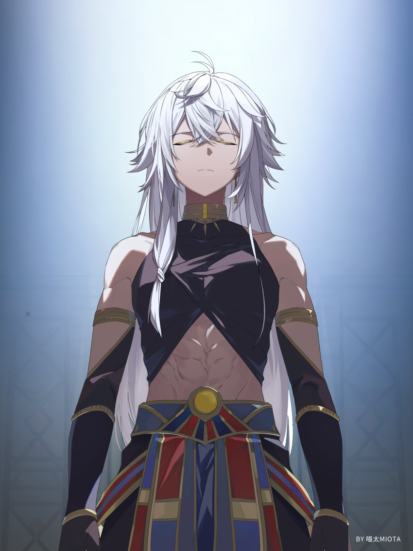 1boy, abs, absurdres, ahoge, arabian_clothes, armlet, arms_at_sides, artist_name, bangs, bare_shoulders, black_gloves, black_pants, black_shirt, blue_background, bracelet, bright_pupils, closed_eyes, closed_mouth, collarbone, commentary, covered_collarbone, cowboy_shot, cropped_shirt, crossed_bangs, dark-skinned_male, dark_skin, darkcatowo, earrings, elbow_gloves, expressionless, eyeliner, facing_viewer, genshin_impact, gloves, gold_trim, hair_between_eyes, hair_over_shoulder, highres, jewelry, king_deshret_(genshin_impact), long_hair, makeup, male_focus, navel, neck_ring, pants, pectorals, sash, shirt, sidelocks, simple_background, sleeveless, sleeveless_shirt, solo, standing, stomach, watermark, white_hair, yellow_eyeliner