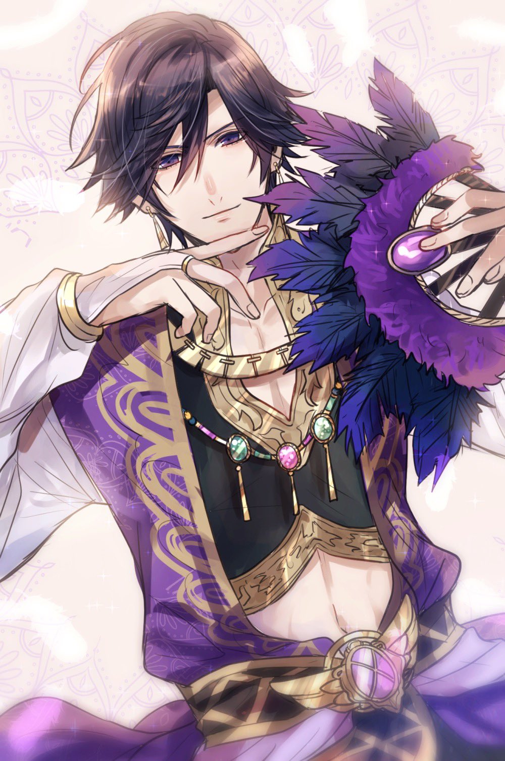 1boy, arabian_clothes, black_hair, black_shirt, bridal_gauntlets, crop_top, earrings, feather_fan