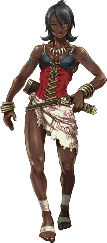 bandage, bandages, barefoot, black_hair, blue_eyes, corset, dark_skin, jewelry, muscle, nagasawa_shin, necklace, short_hair