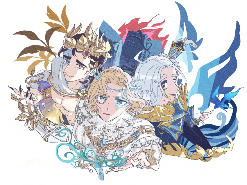 3boys, abs, ahoge, antlers, bangs, bird, bird_on_hand, black_nails