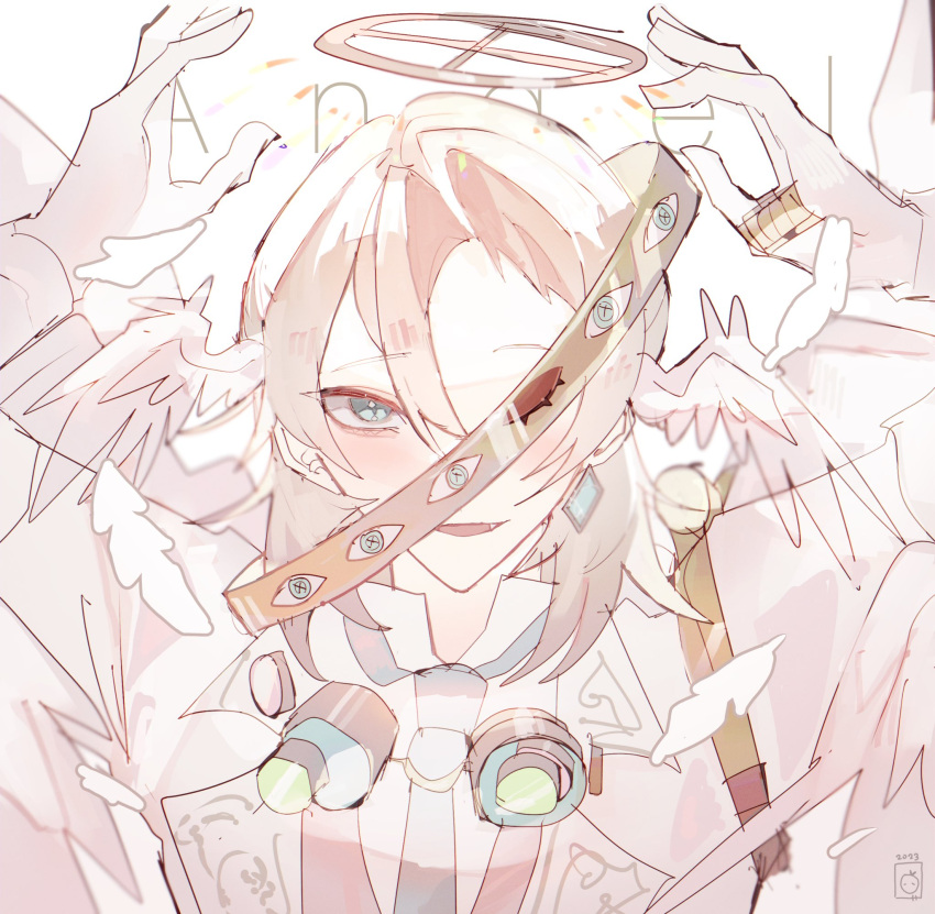 1boy, :d, arms_up, biblically_accurate_angel, blonde_hair, blue_eyes, blush, commentary