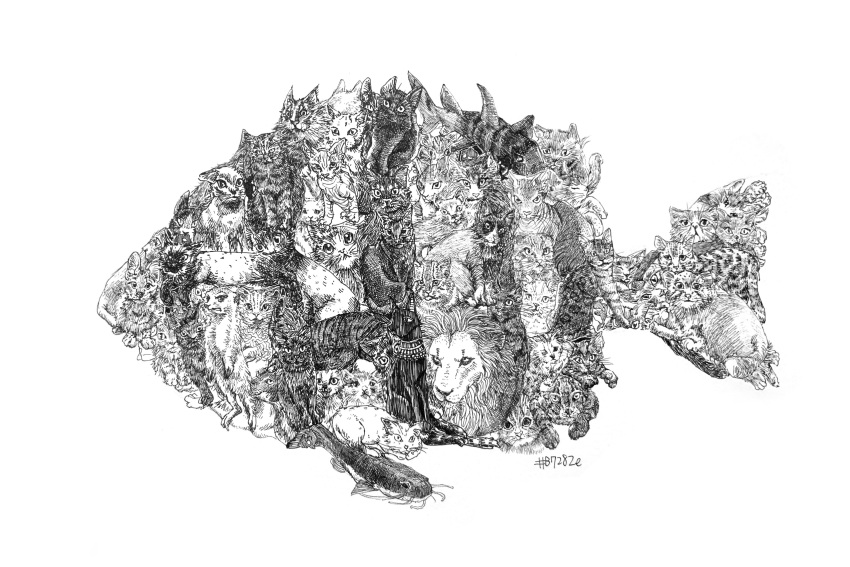 #b7282e, absurdres, animal_focus, artist_name, bastet_(mythology), cat, catfish, commentary_request
