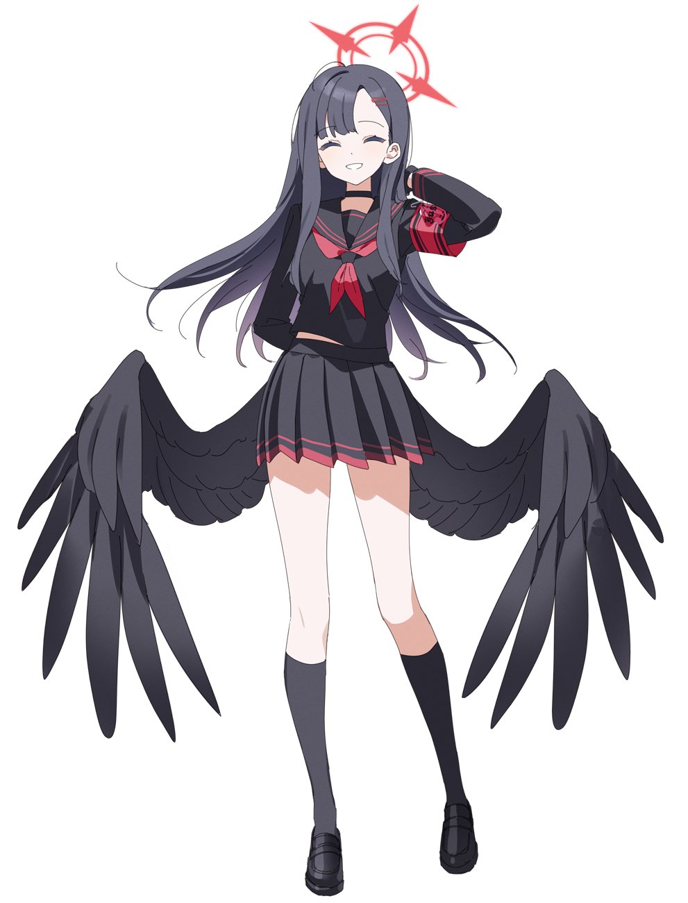 1girl, armband, black_choker, black_gloves, black_hair, black_sailor_collar, black_serafuku, black_socks, black_wings, blue_archive, choker, gloves, halo, highres, ichika_(blue_archive), long_hair, long_sleeves, low_wings, neckerchief, nekoln, red_armband, red_halo, red_neckerchief, safety_pin, sailor_collar, school_uniform, serafuku, simple_background, socks, solo, two-tone_shirt, two-tone_skirt, white_background, wings