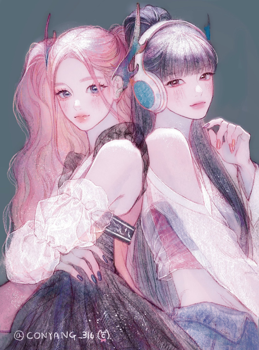 2girls, bangs, bare_shoulders, blunt_bangs, brown_eyes, conyang_316, high_ponytail, highres