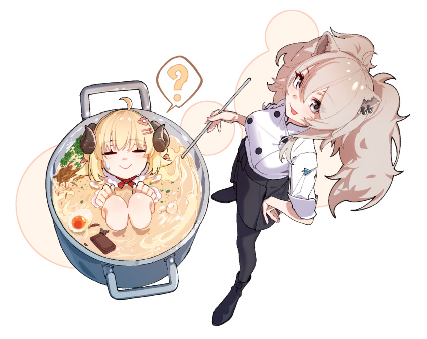 2girls, :p, ?, ahoge, animal_ears, bad_kim, black_pantyhose, blonde_hair