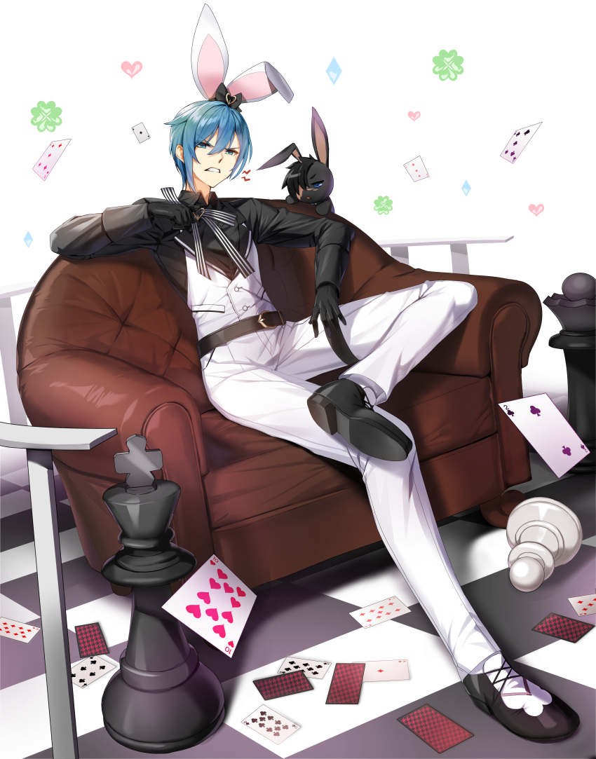 1boy, absurdres, adjusting_neck_ribbon, animal_ears, belt, black_belt, black_bow, black_footwear