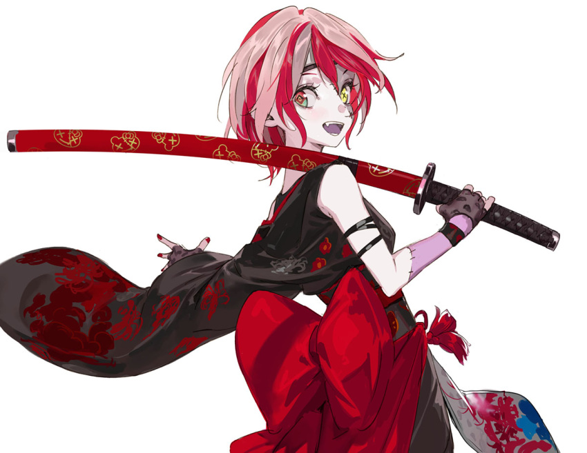 1girl, black_kimono, colored_skin, diamond-shaped_pupils, diamond_(shape), fangs, fingerless_gloves, floral_print