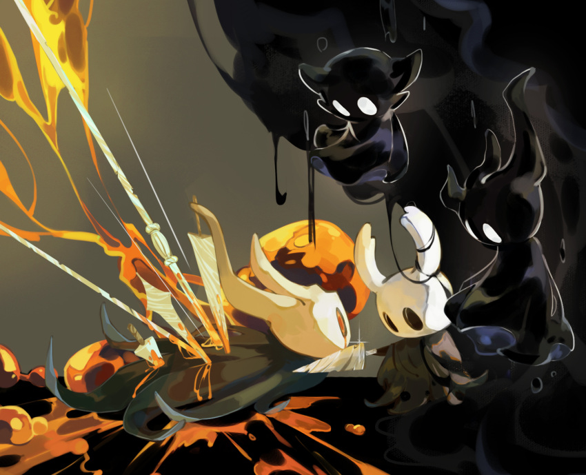 blankowalski, broken_vessel_(hollow_knight), cape, cloak, cracked_mask, full_body, grey_cloak, holding