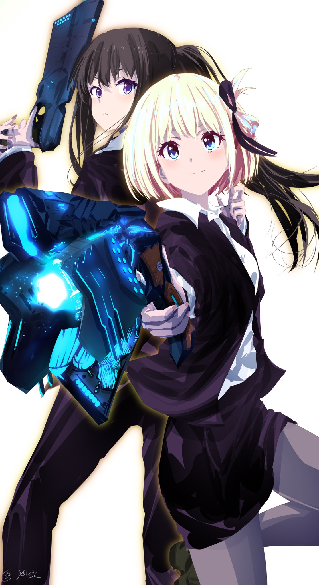 2girls, alternate_eye_color, bangs, black_hair, black_jacket, black_pants, black_ribbon, black_skirt