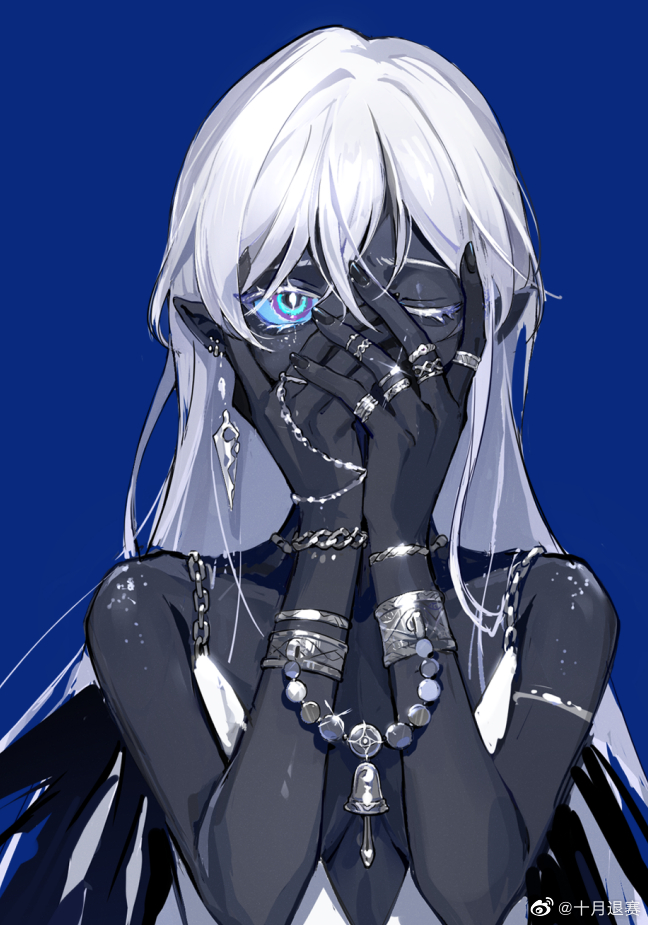 1girl, 270_(woshizongg), bare_shoulders, bell, black_skin, blue_background, bracelet, breasts, butterfly_girl, chinese_commentary, colored_eyelashes, colored_skin, dress, earrings, glint, jewelry, jingle_bell, looking_at_viewer, monster_girl, multicolored_eyes, multiple_rings, one_eye_closed, original, pointy_ears, ring, small_breasts, solo, upper_body, white_dress