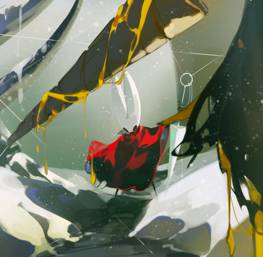 1girl, blankowalski, broken_vessel_(hollow_knight), bug, cape, cloak, full_body, highres, holding, holding_weapon, hollow_eyes, hollow_knight, hornet_(hollow_knight), horns, nail_(hollow_knight), needle_(hollow_knight), no_humans, ooze, red_cloak, standing, thread, weapon
