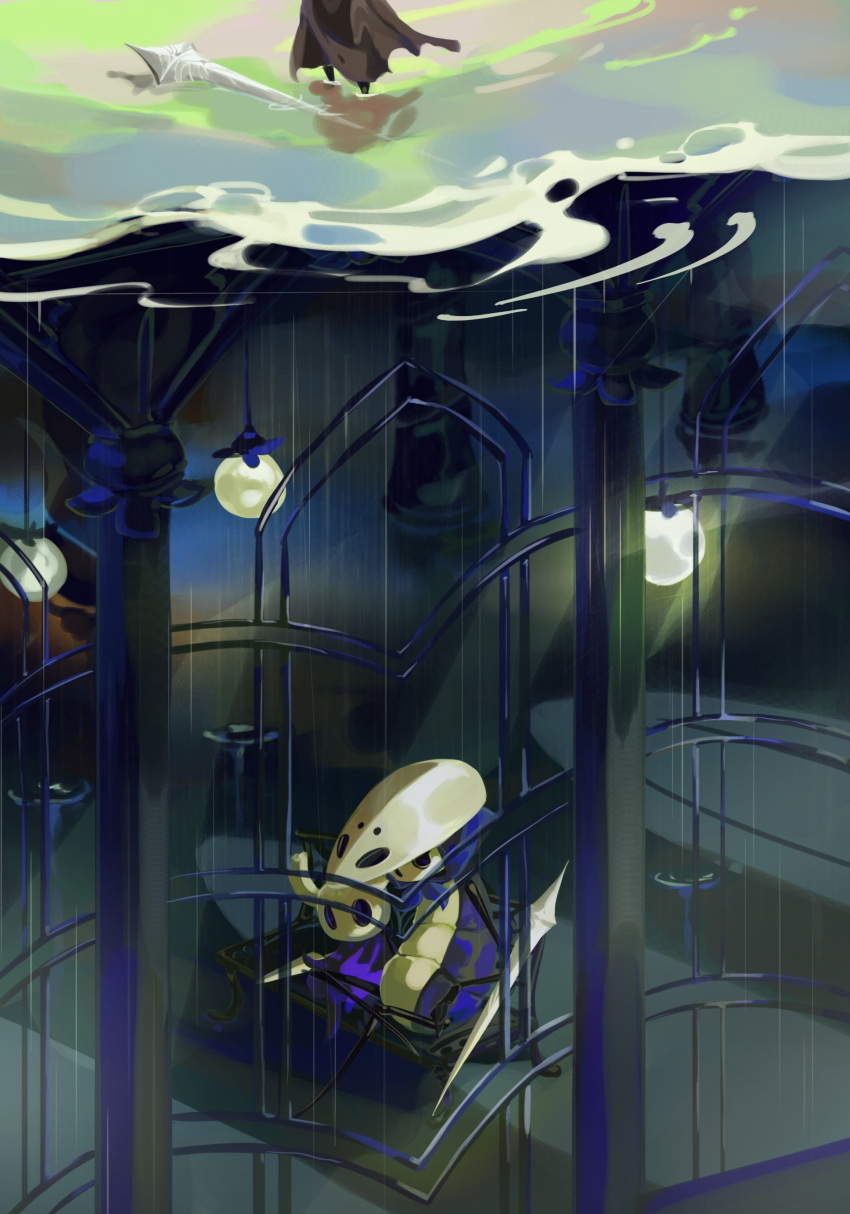 absurdres, blankowalski, bug, cloak, full_body, highres, hollow_eyes, hollow_knight, knight_(hollow_knight), mask, mask_on_head, multiple_boys, nail_(hollow_knight), no_humans, quirrel, rain, sitting, standing, water, weapon, window