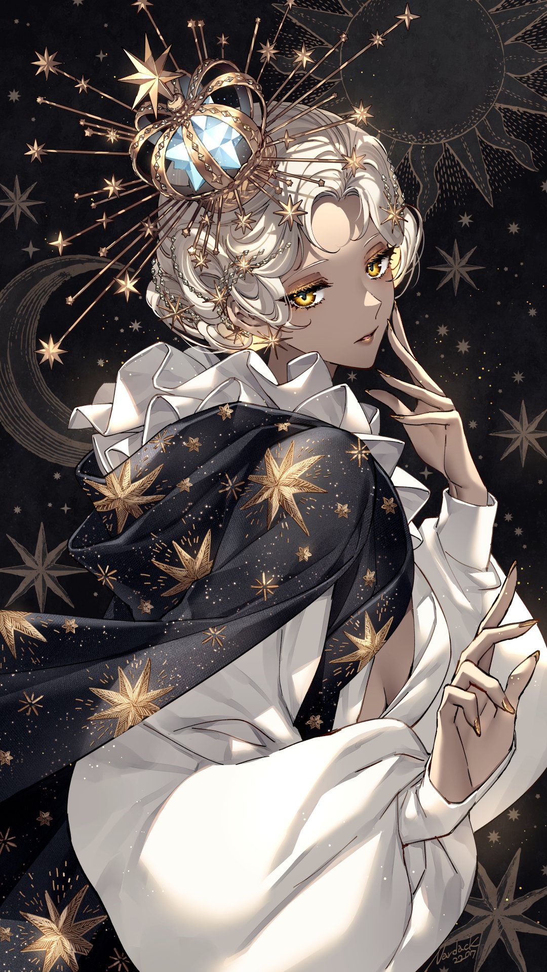 1girl, breasts, cape, commentary, crescent, crown, dark-skinned_female, dark_skin, earrings, gold_nails, hair_ornament, hand_on_own_face, highres, jewelry, long_sleeves, looking_at_viewer, makeup, medium_breasts, nardack, original, parted_lips, puffy_long_sleeves, puffy_sleeves, short_hair, simple_background, solo, star_(symbol), star_earrings, star_print, sun_symbol, symbol-only_commentary, upper_body, white_hair, yellow_eyes