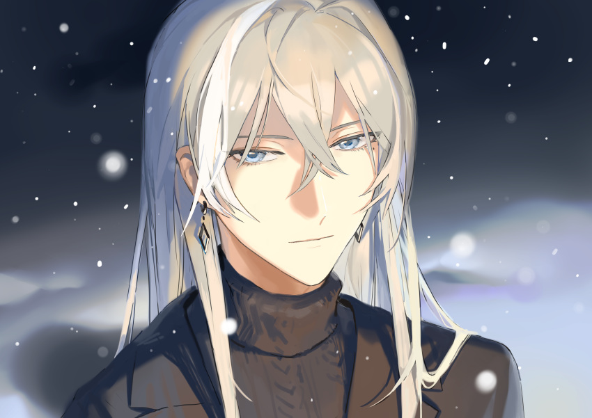 1boy, absurdres, black_background, black_sweater, blue_eyes, closed_mouth, earrings, highres