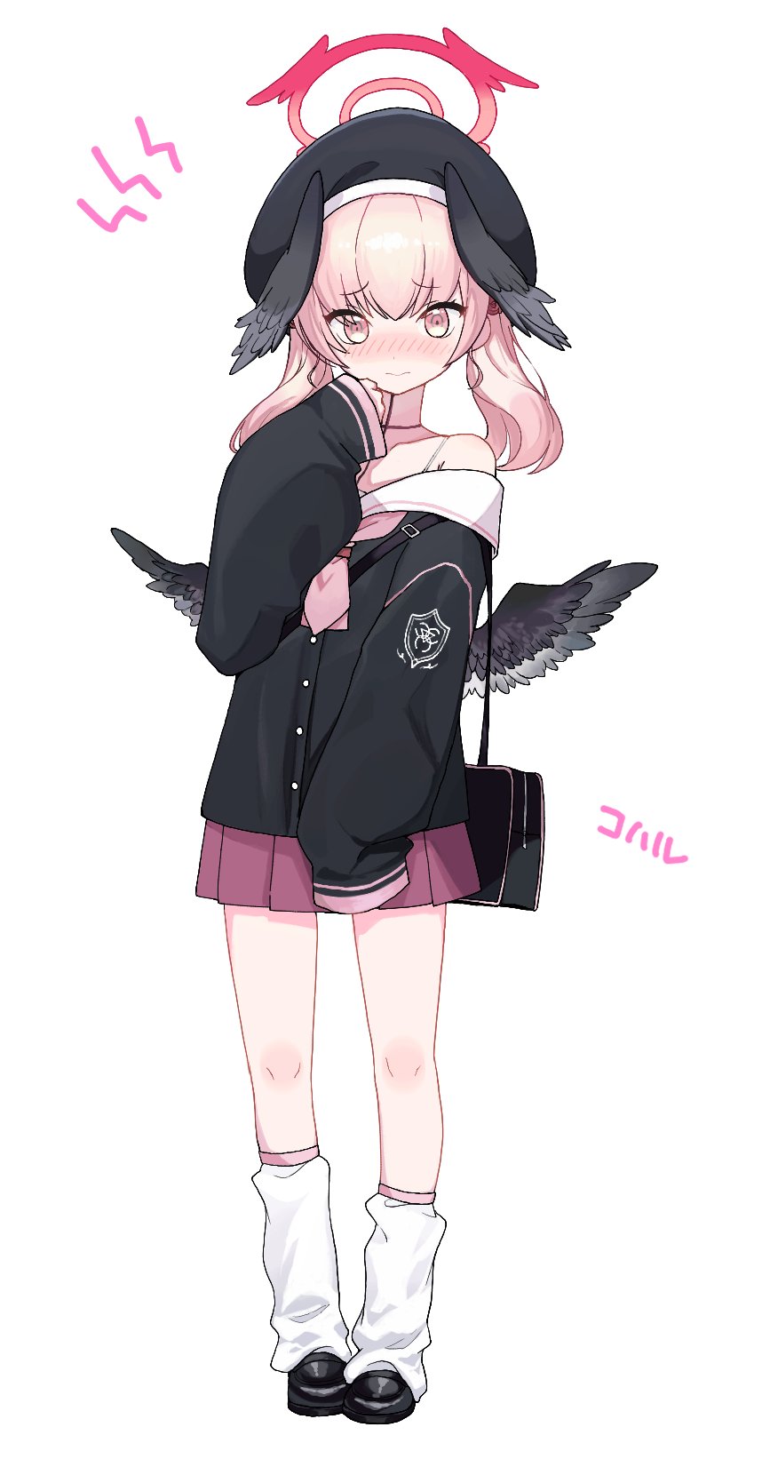 1girl, beret, black_headwear, black_wings, blue_archive, blush, character_name, feathered_wings