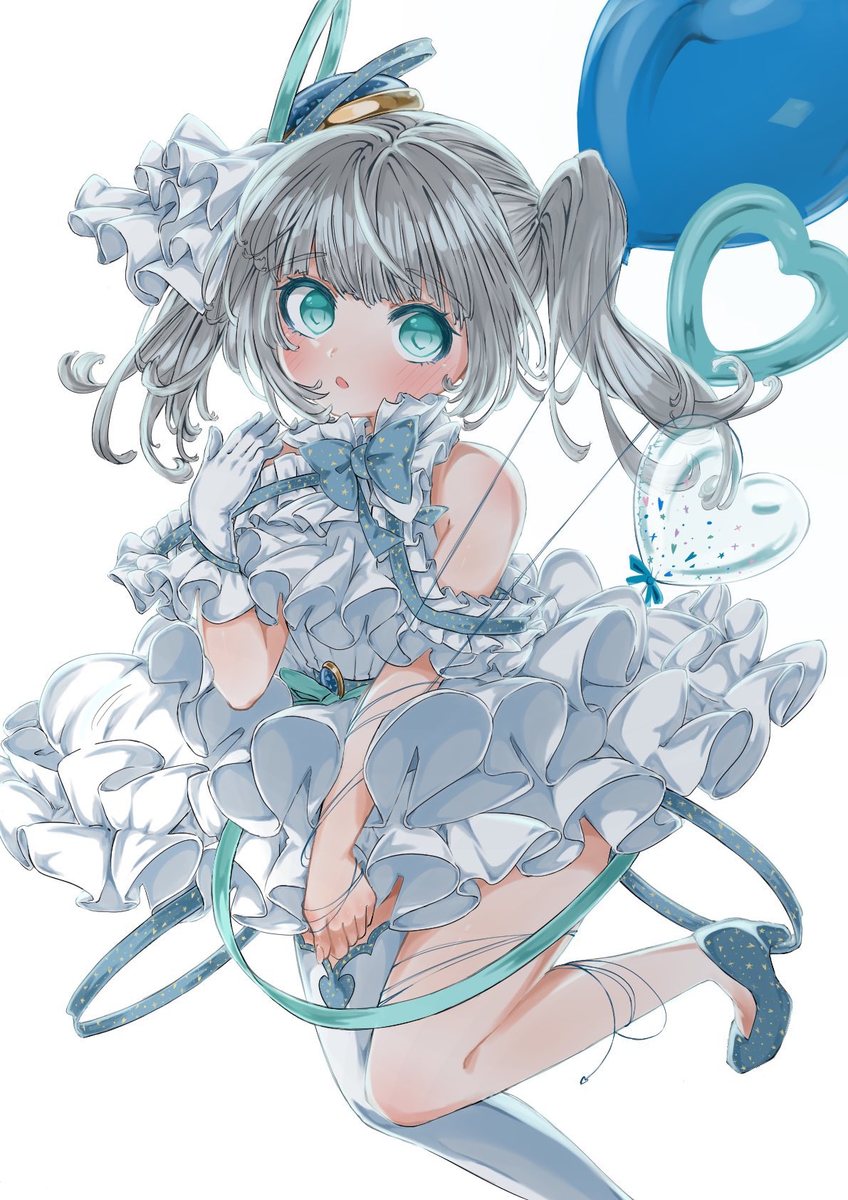 1girl, aqua_eyes, balloon, bare_shoulders, blush, brooch, dress, foot_out_of_frame, foot_up, frilled_dress, frills, gloves, grey_hair, hair_ornament, heart_balloon, high_heels, highres, jabot, jewelry, looking_at_viewer, open_mouth, original, ribbon, simple_background, single_glove, single_thighhigh, sleeveless, sleeveless_dress, solo, subetehakai, thigh-highs, twintails, white_background, white_dress, white_gloves