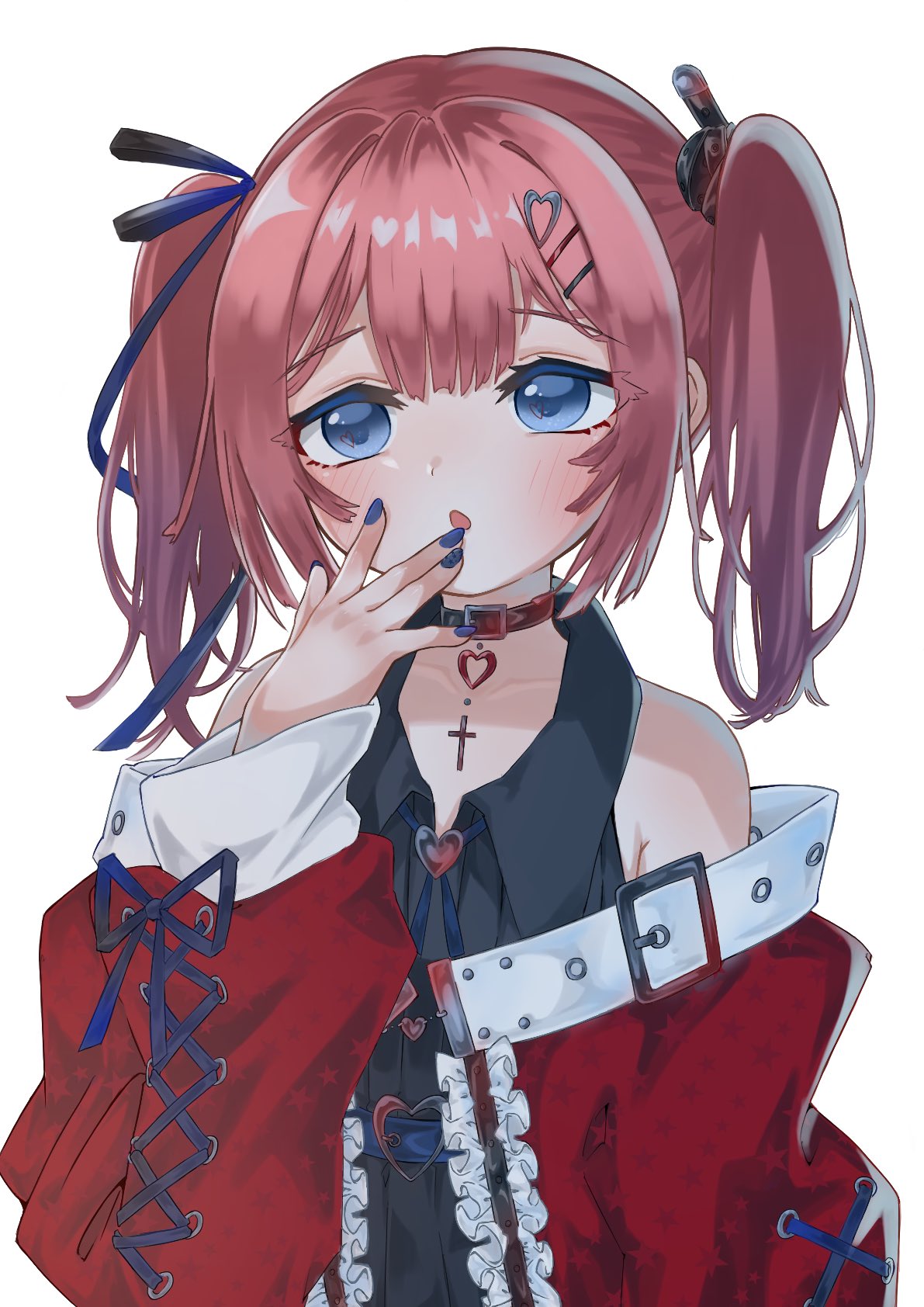 1girl, bare_shoulders, belt, black_shirt, blue_eyes, blue_nails, blush, collar, collared_shirt, cross, cross-laced_clothes, cross-laced_sleeves, cross_necklace, finger_to_mouth, frilled_jacket, frills, hair_ornament, hair_ribbon, heart, heart_collar, highres, jacket, jewelry, medium_hair, nail_art, nail_polish, neck_ribbon, necklace, off-shoulder_jacket, off_shoulder, open_clothes, open_jacket, open_mouth, original, pink_hair, red_jacket, ribbon, shirt, simple_background, sleeveless, sleeveless_shirt, solo, subetehakai, twintails, upper_body