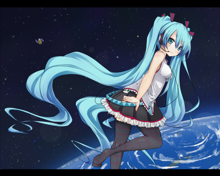 1girl, aqua_eyes, aqua_hair, blush, detached_sleeves, earth, floating, floating_hair