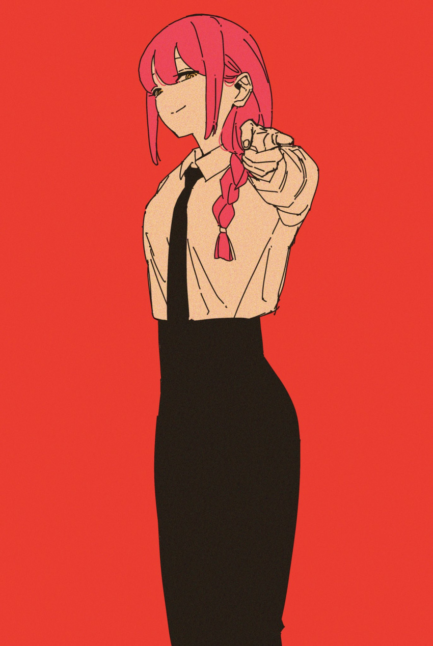 1girl, bangs, black_necktie, black_pants, braid, braided_ponytail, chainsaw_man, collared_shirt