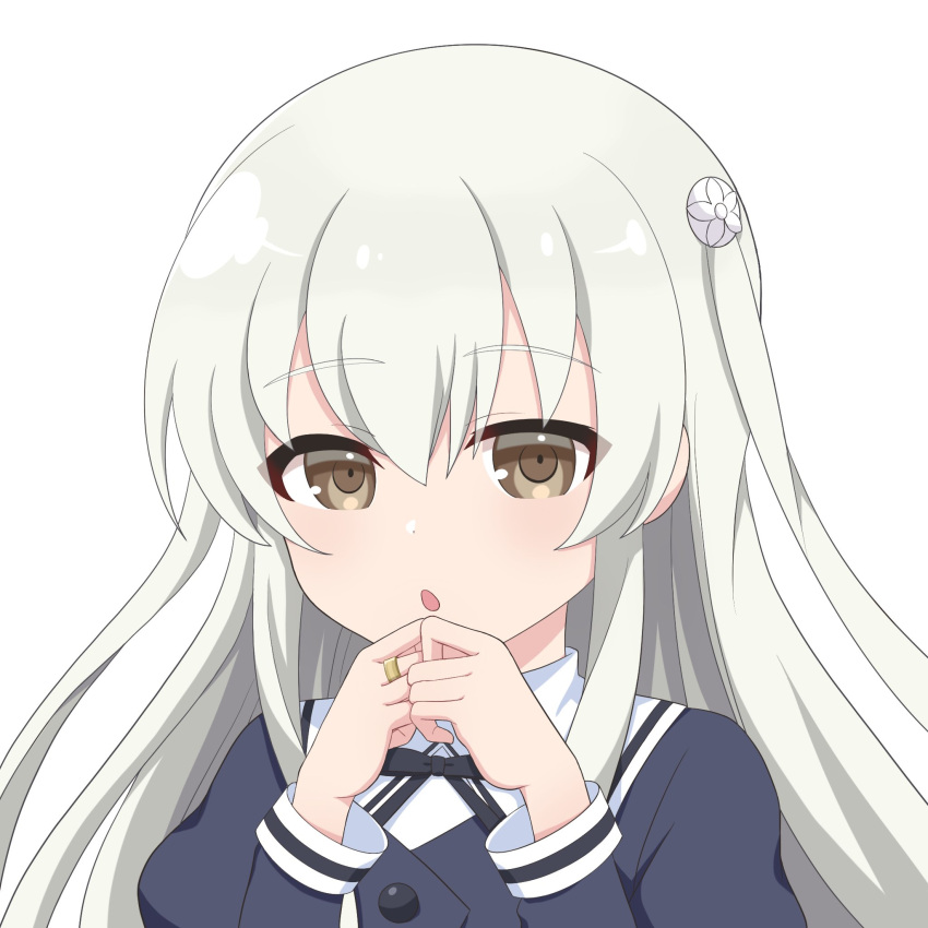 1girl, :o, assault_lily, bangs, black_ribbon, brown_eyes, buttons, commentary_request