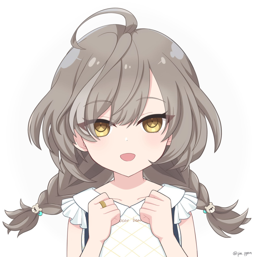 1girl, :d, ahoge, assault_lily, bangs, bear_hair_ornament, braid, clenched_hands, clothes_writing, collarbone, commentary_request, frilled_shirt, frills, grey_hair, hair_ornament, hands_up, highres, jewelry, light_blush, long_hair, looking_at_viewer, low_twin_braids, low_twintails, multicolored_hair, official_alternate_costume, official_alternate_hairstyle, open_mouth, piatin, portrait, ring, sasaki_ran, shirt, simple_background, sleeveless, sleeveless_shirt, smile, solo, streaked_hair, suspenders, twin_braids, twintails, twitter_username, white_background, white_shirt, yellow_eyes