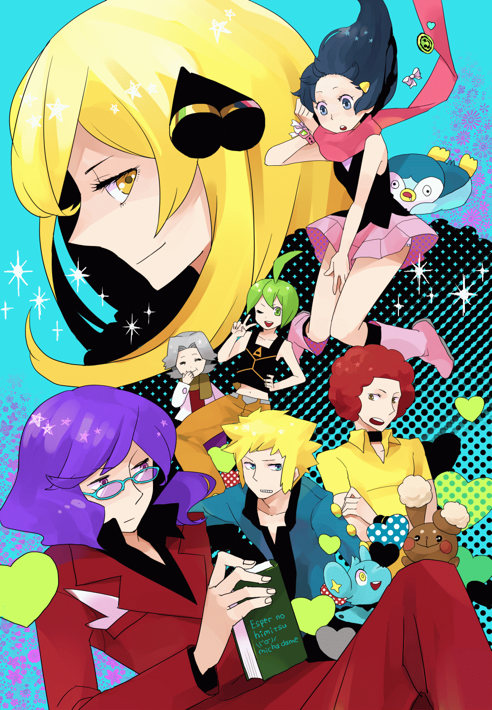 3girls, 4boys, afro, ahoge, bad_id, blonde_hair, blue_eyes, blue_hair