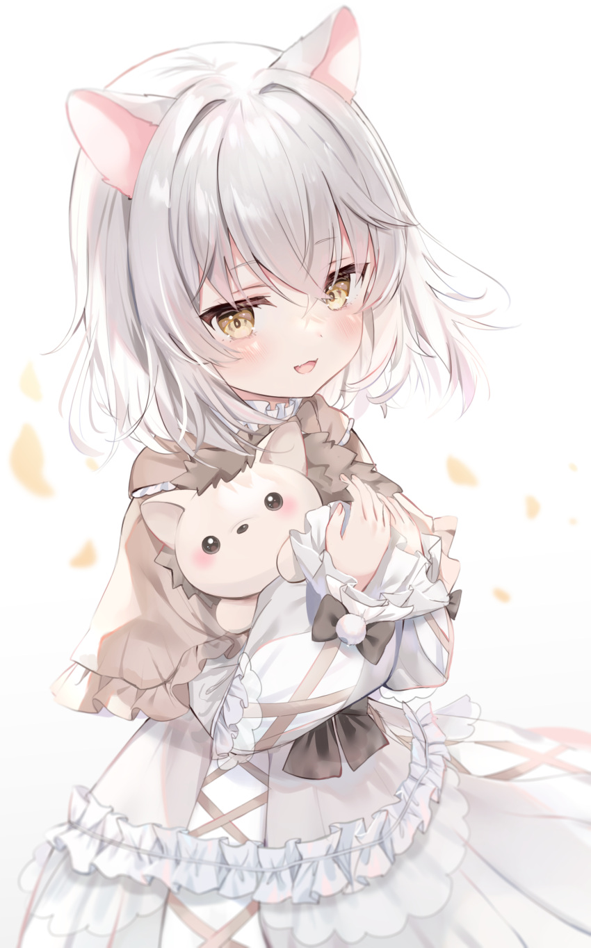 1girl, :d, absurdres, animal_ears, bangs, blush, brown_capelet, brown_eyes, capelet, commentary_request, commission, dress, fang, frilled_capelet, frilled_dress, frills, grey_hair, hair_between_eyes, hair_intakes, highres, long_sleeves, looking_at_viewer, object_hug, original, petals, puffy_long_sleeves, puffy_sleeves, rukako, simple_background, skeb_commission, sleeves_past_wrists, smile, solo, stuffed_animal, stuffed_hedgehog, stuffed_toy, virtual_youtuber, white_background, white_dress