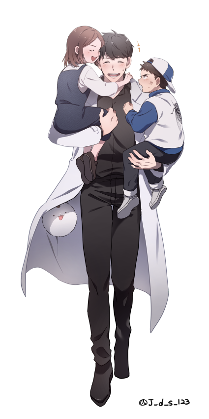 1girl, 2boys, anger_vein, angry, artist_name, baseball_cap, black_hair, black_pants, brown_hair, carrying, child, child_carry, closed_eyes, collared_shirt, female_child, full_body, hat, j_d_s_123, jacket, kim_dokja, korean_commentary, lee_gilyoung, long_sleeves, looking_at_another, male_child, multiple_boys, nervous, omniscient_reader's_viewpoint, open_clothes, open_jacket, open_mouth, pants, shin_yoosung, shirt, shoes, short_hair, sneakers, sweatdrop, white_background, white_jacket