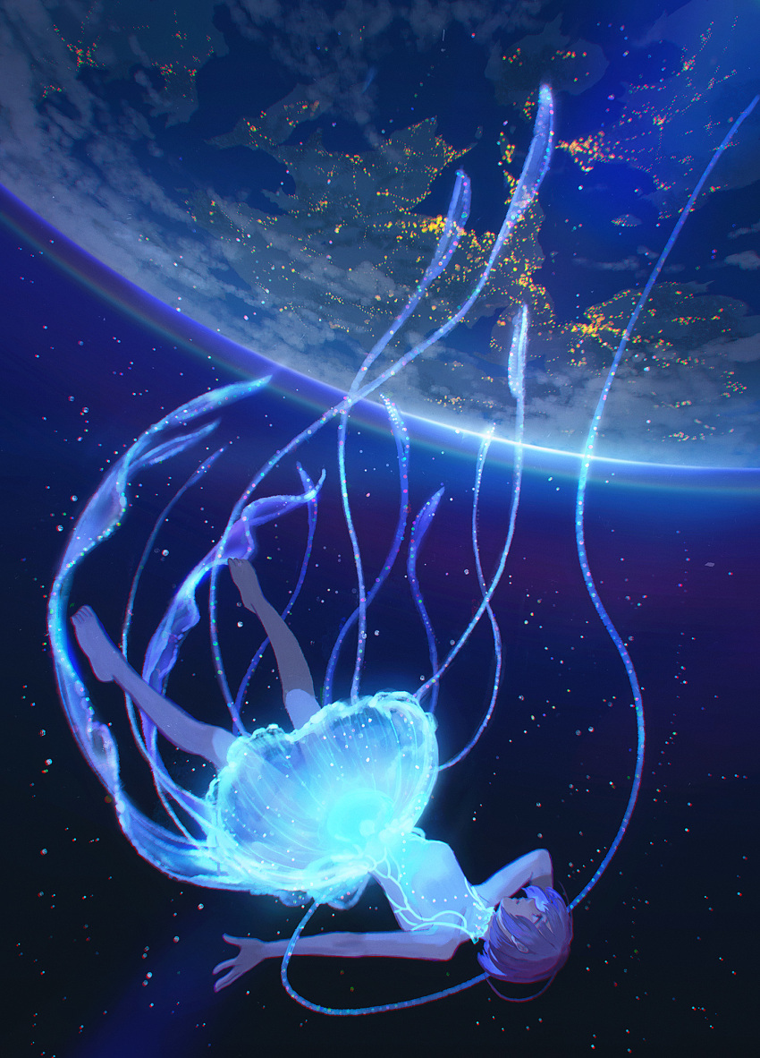 1girl, arm_at_side, arm_behind_head, bare_shoulders, black_sky, blue_sky, dress, earth_(planet)
