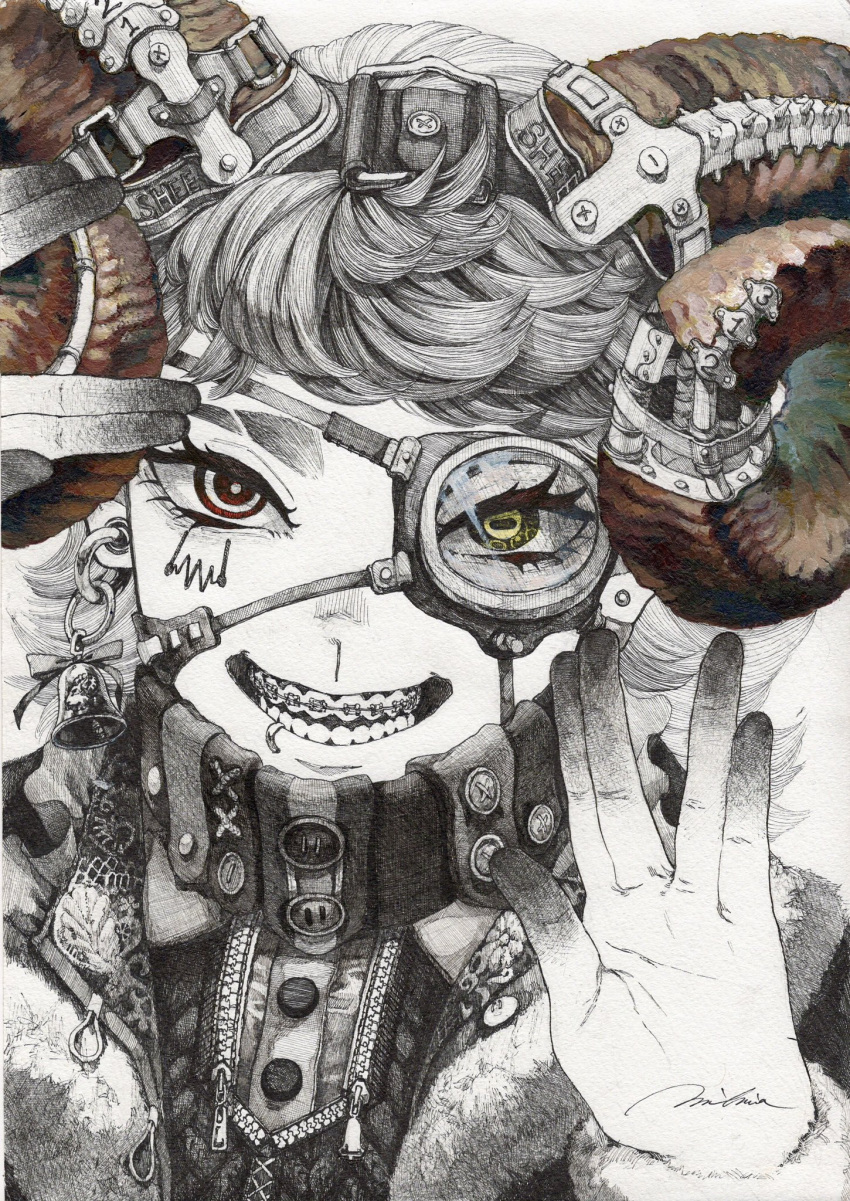 1girl, bangs, bell, blood, blush, braces, buttons, ear_piercing