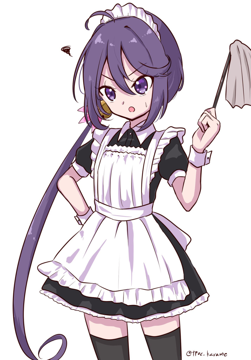 1girl, akebono_(kancolle), alternate_costume, apron, bell, black_dress, black_thighhighs, dress