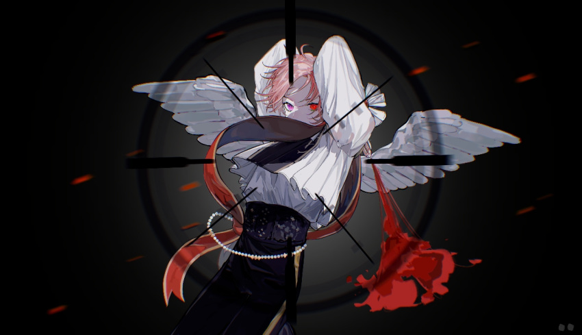 1boy, angel, angel_wings, black_background, black_pants, ensemble_stars!, flower, heterochromia, long_sleeves, looking_at_viewer, male_focus, oukawa_kohaku, pants, pink_hair, red_eyes, shirt, short_hair, solo, spider_lily, violet_eyes, white_shirt, wings, yukii_masako