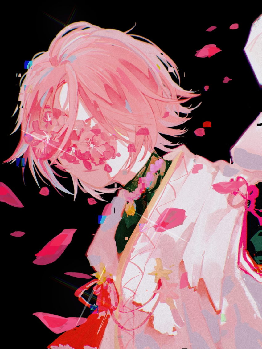 1boy, black_background, black_shirt, covered_eyes, ensemble_stars!, flower, flower_over_eyes, highres