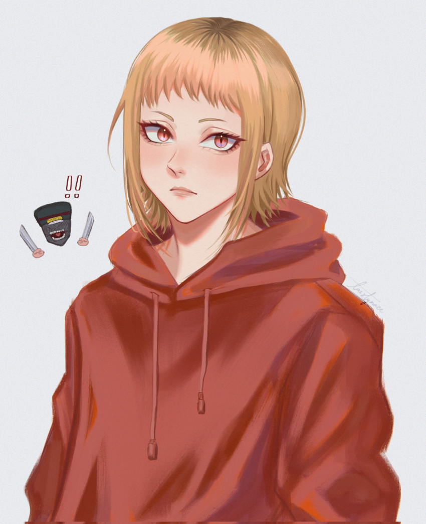 1girl, blonde_hair, chainsaw_man, chibi, chibi_inset, highres, katana_man_(chainsaw_man), looking_at_viewer