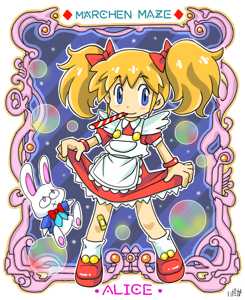 1girl, alice_(marchen_maze), animal_ears, bandaid, blonde_hair, blue_eyes, bubble, character_name
