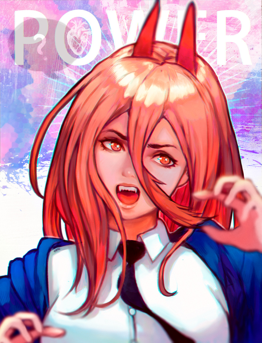 1girl, black_necktie, blue_jacket, brown_hair, chainsaw_man, character_name, claw_pose, collared_shirt