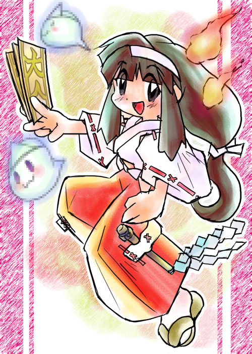 1girl, black_eyes, black_hair, blush, fire, full_body, ghost, idaka