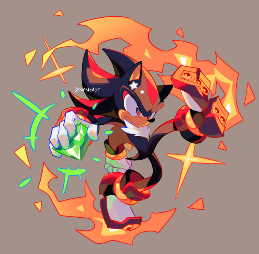 1boy, animal_ears, animal_nose, arms_up, black_fur, body_fur, boots, bracelet, brown_background, chaos_emerald, closed_mouth, constellor, english_commentary, fire, furry, furry_male, gem, gloves, gold_bracelet, green_gemstone, hedgehog, hedgehog_ears, hedgehog_tail, highres, holding, holding_gem, jewelry, leg_up, looking_to_the_side, male_focus, red_fur, shadow_the_hedgehog, simple_background, solo, sonic_(series), standing, standing_on_one_leg, star_(symbol), tail, two-tone_fur, white_footwear, white_gloves