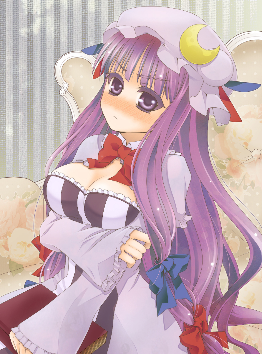 :<, blush, book, breasts, cleavage, crescent, hat, highres