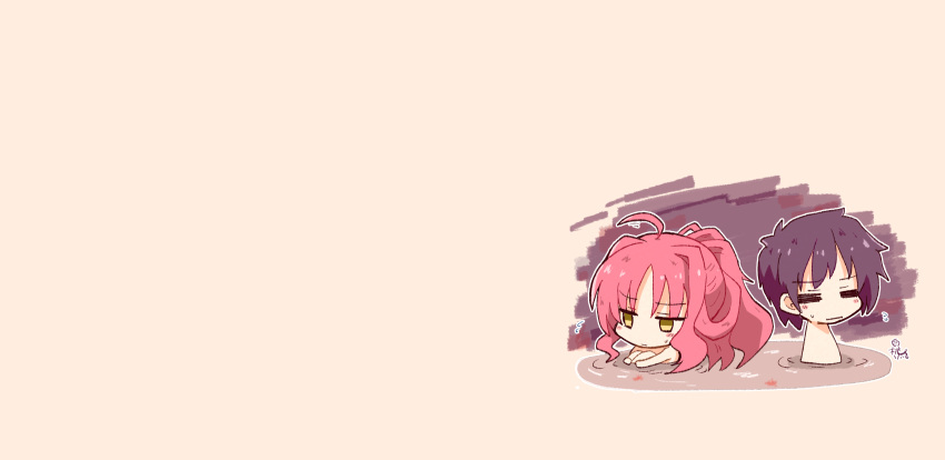 1boy, 1girl, =_=, ahoge, autumn_leaves, bangs, black_hair, blush