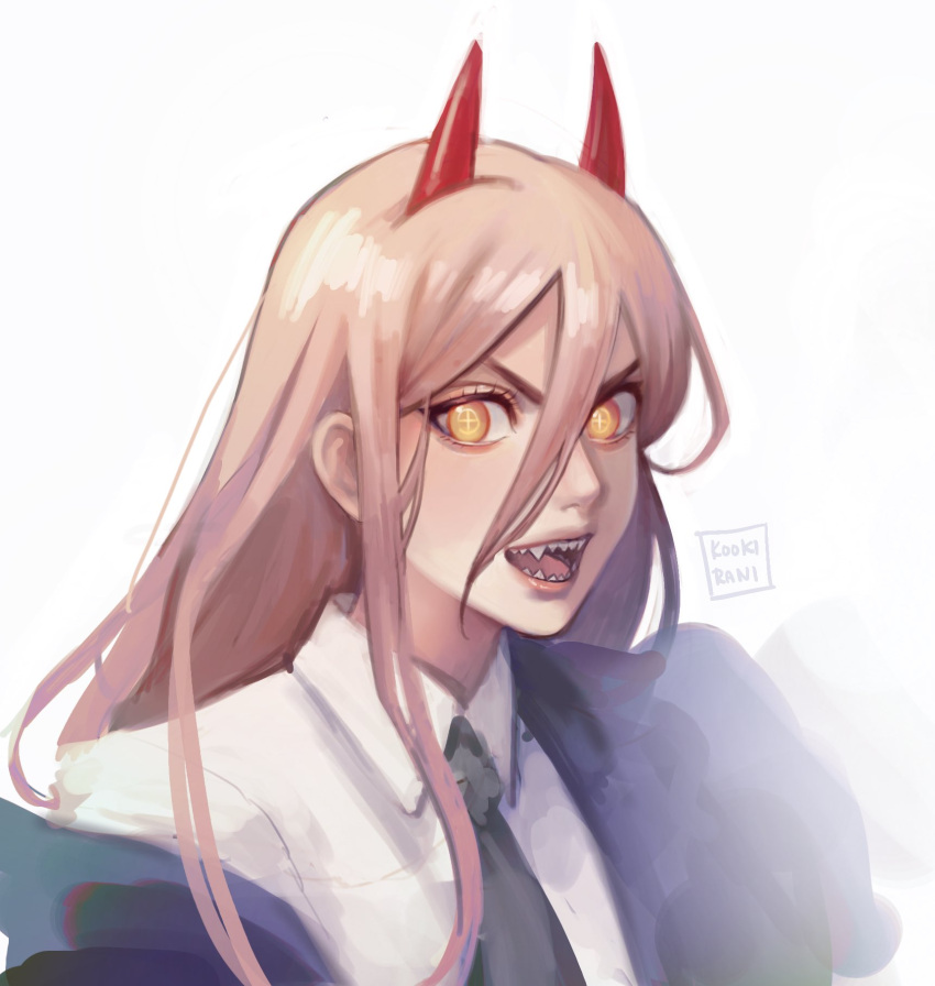 1girl, artist_name, black_necktie, blue_jacket, chainsaw_man, collared_shirt, cross-shaped_pupils, hair_between_eyes, highres, horns, jacket, kookirani, long_hair, looking_at_viewer, necktie, open_mouth, power_(chainsaw_man), red_horns, sharp_teeth, shirt, simple_background, solo, symbol-shaped_pupils, teeth, white_background, white_shirt, yellow_eyes