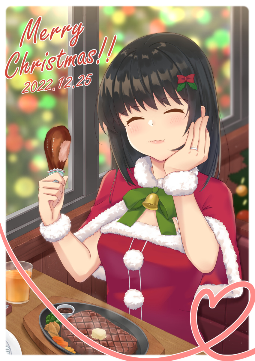 1girl, black_hair, capelet, chicken_(food), closed_eyes, commentary_request, dress, eating