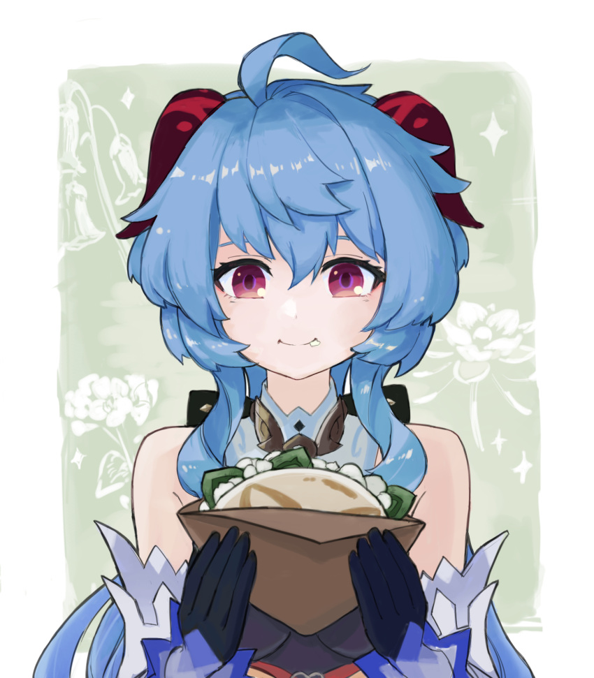 1girl, ahoge, bangs, bare_shoulders, bell, blue_hair, detached_sleeves, flower