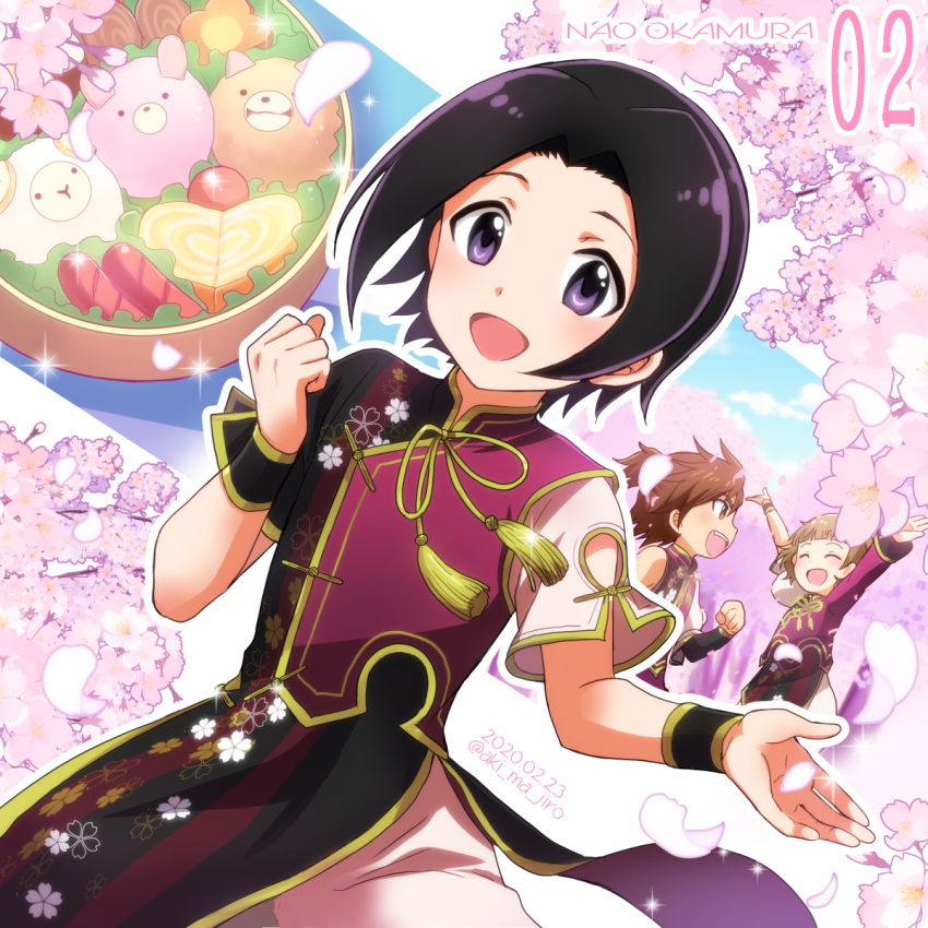 2020, 3boys, aki_ma_jiro, asymmetrical_sleeves, bangs, black_hair, black_wristband, brown_hair