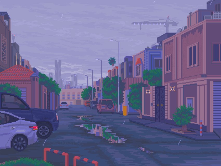 animated, animated_gif, bollard, building, car, city, clouds, cloudy_sky