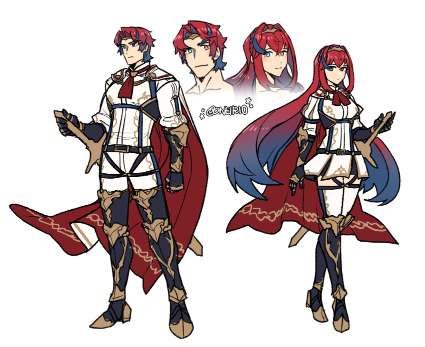 1boy, 1girl, alear_(female)_(fire_emblem), alear_(fire_emblem), alear_(male)_(fire_emblem), alternate_costume, armor, blue_eyes