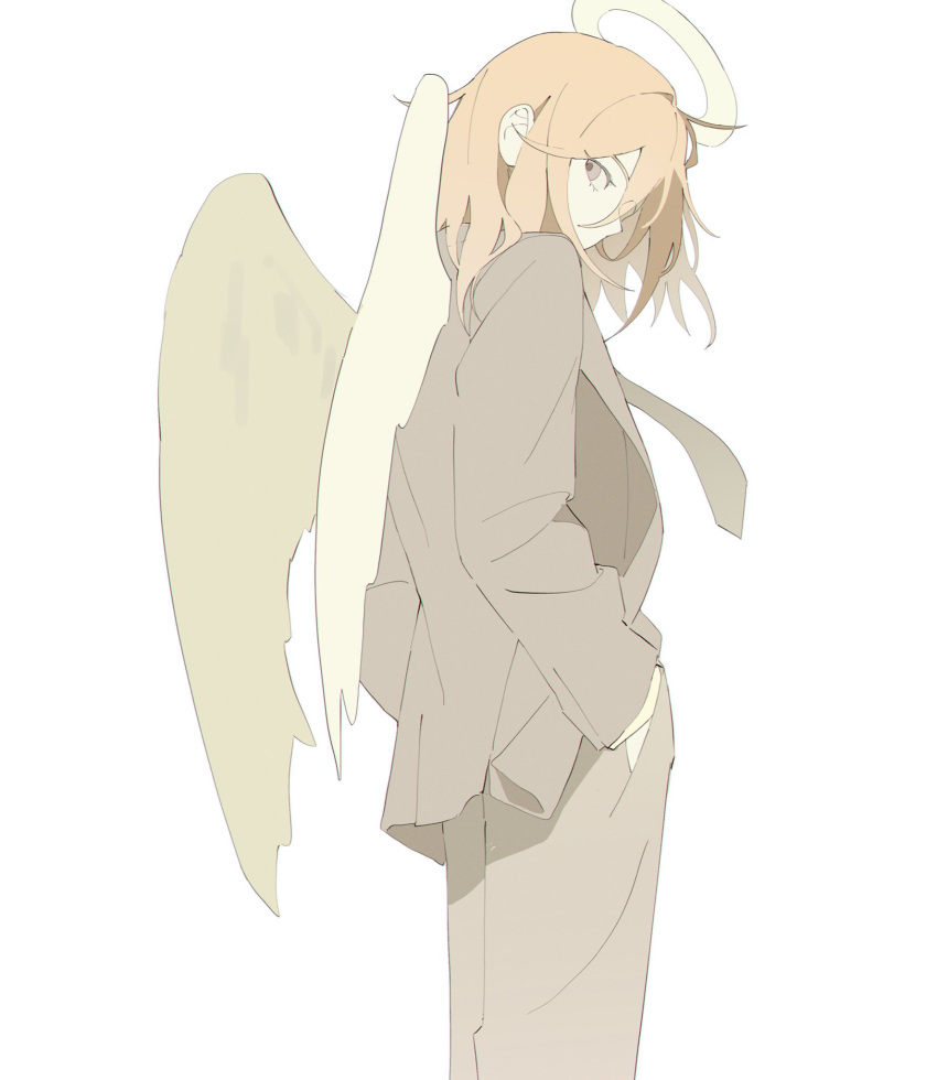 1boy, angel, angel_devil_(chainsaw_man), angel_wings, black_jacket, black_necktie, black_pants, brown_hair, chainsaw_man, flat_color, formal, halo, hands_in_pockets, highres, jacket, joosibi, looking_at_viewer, looking_back, medium_hair, muted_color, necktie, pants, shirt, shirt_tucked_in, simple_background, solo, suit, suit_jacket, white_background, white_wings, wings