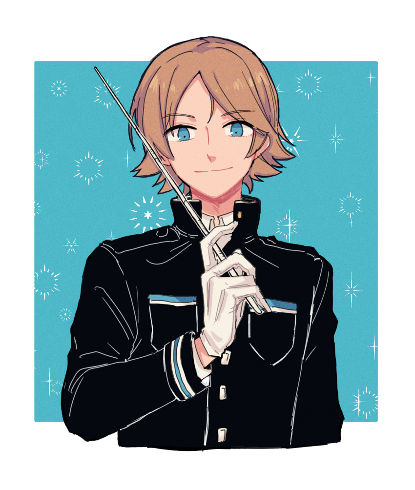 1boy, baccalaoooo, black_jacket, blue_background, blue_eyes, breasts, closed_mouth, collared_shirt