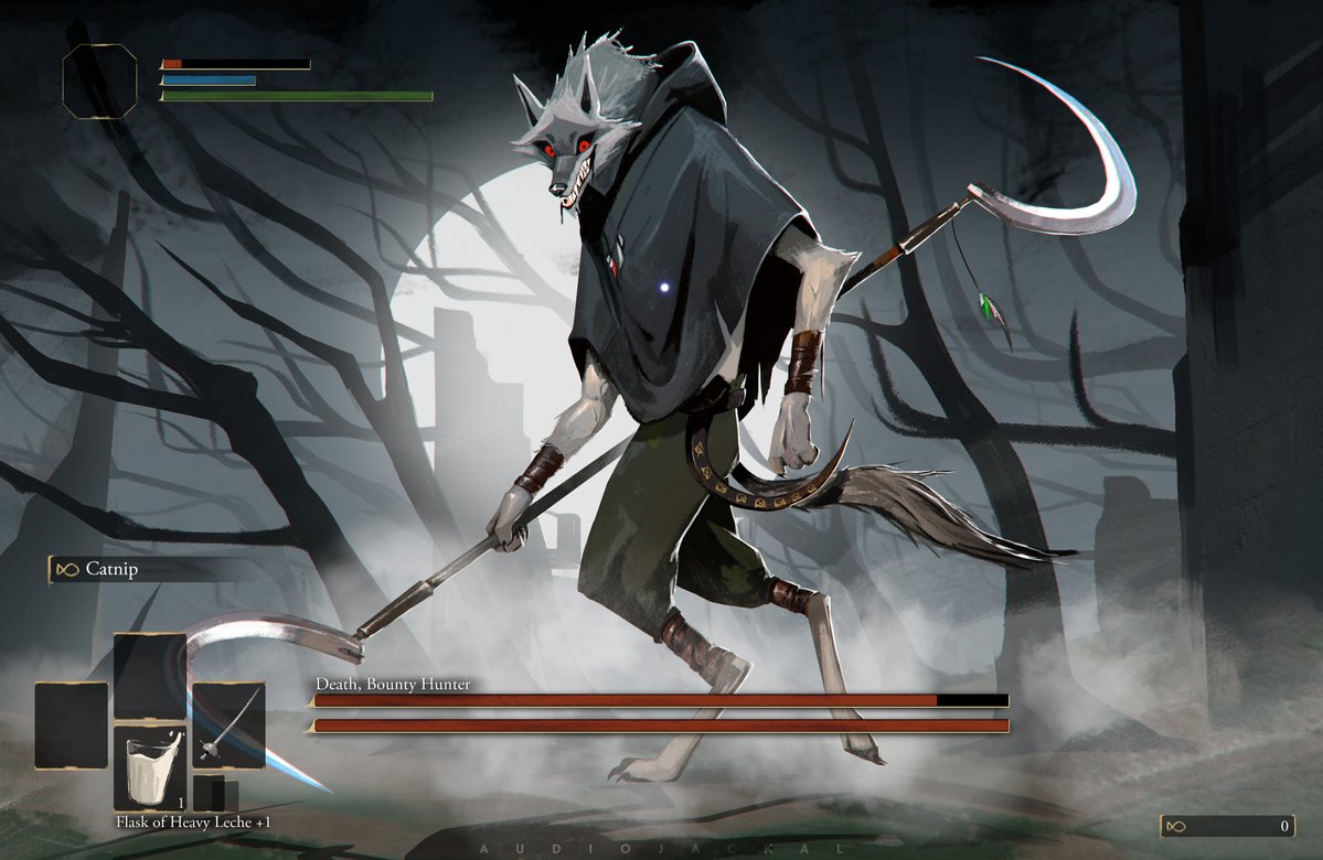 1boy, animal_ears, cape, dark_souls_(series), death_(puss_in_boots), dual_wielding, elden_ring, fangs